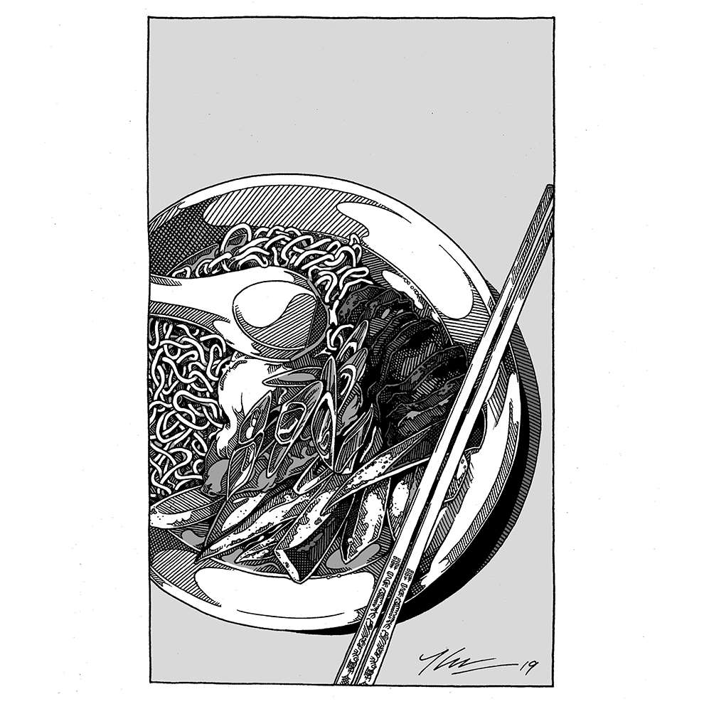 Mr Lee, Black and white illustration of a bowl of ramen noodle soup. 