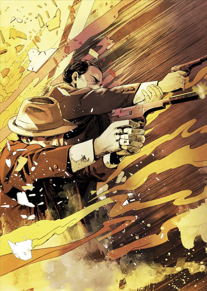 Shan Jiang, Dramatic manga comic book drawing of gangsters with handguns and breaking glass explosions.