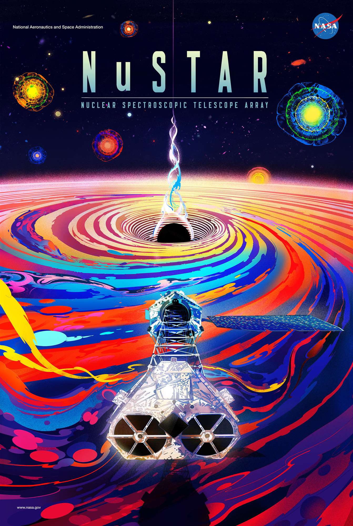 Shan Jiang, Epic digital poster for Nasa Nu Star, depicting a rocket flying into space with lots of colours exploding from Earth.