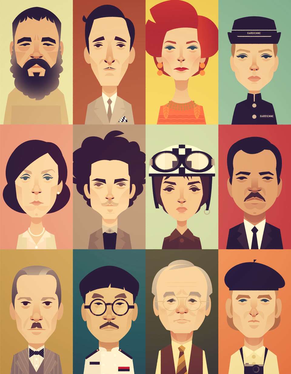 Stanley Chow, Vector, graphic style illustrations of characters from French Dispatch.
