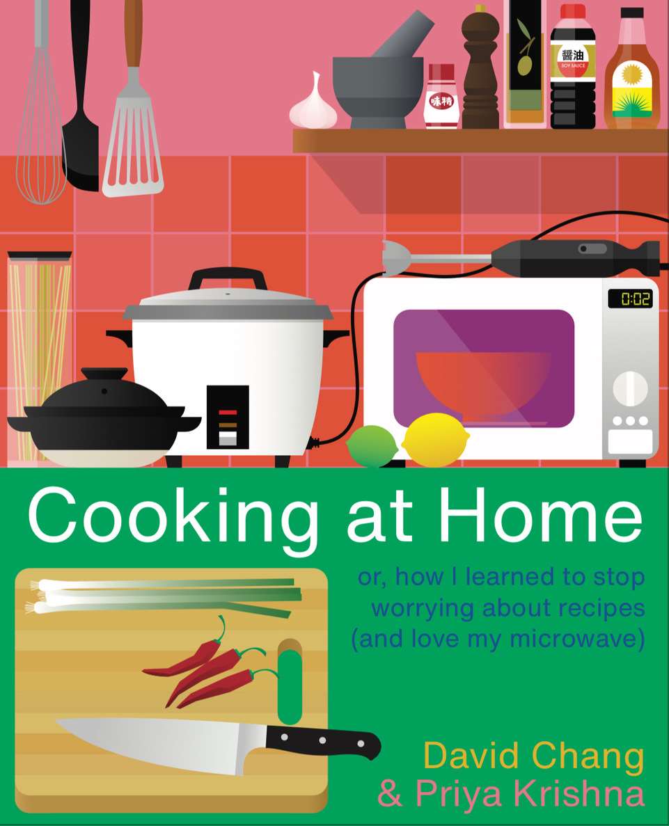 Stanley Chow, Bold and graphic vector style book cover artwork for David Chang and Priya Krishna's new cookbook, Cooking at Home. Kitchen scene with ingredients. 