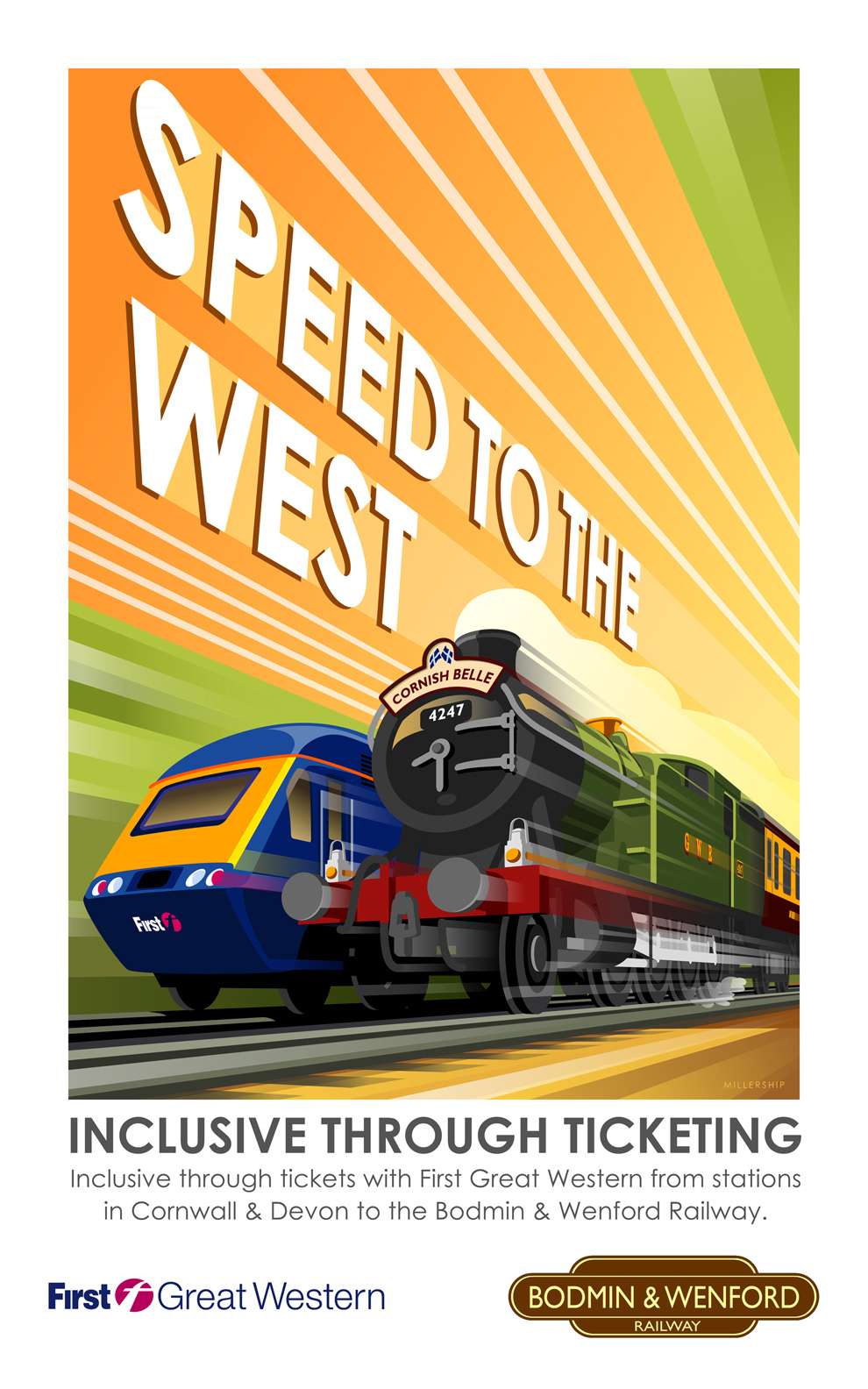 Stephen  Millership, Illustration of a train in a travel poster retro style 