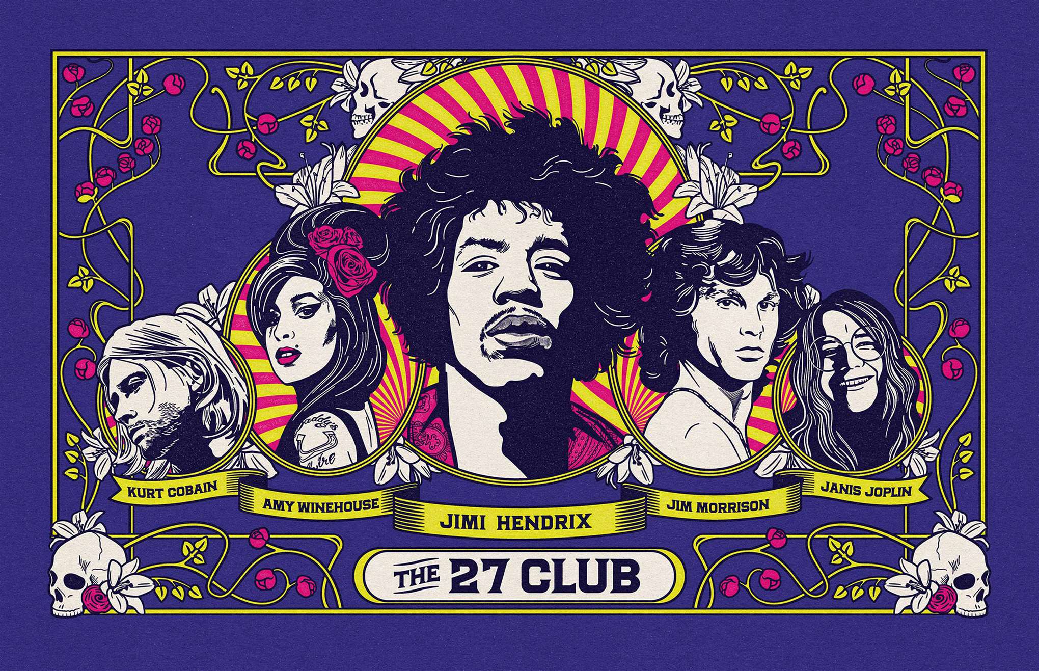Susan Burghart, The 27 Club poster design with Jimi Hendrix, Amy Winehouse, Kurt Cobain, Jim Morrison and Janis Joplin.
