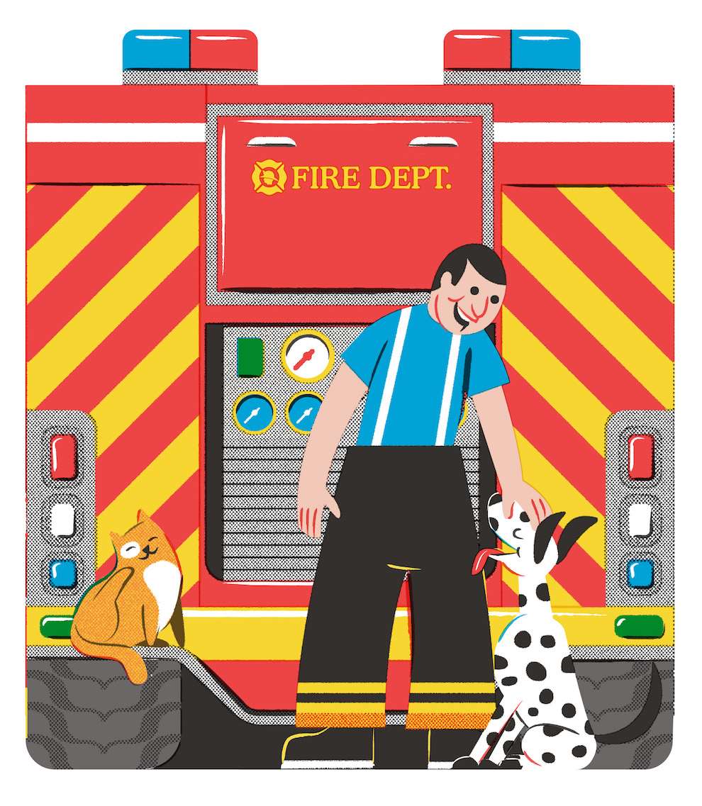 Toby Leigh, Bold, playful and digital illustration of a fireman in front of his firetruck. Children book