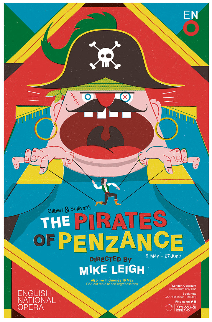 Toby Leigh, Humorous screen print style poster for the English national opera. Bold and bright illustration of a pirate doing a puppet show 