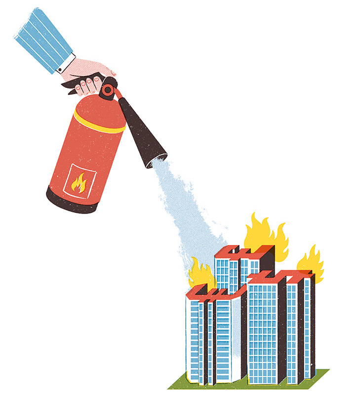 Toby Leigh, Minimalist conceptual illustration of a hand using an extinguisher to turn off a building on fire. 