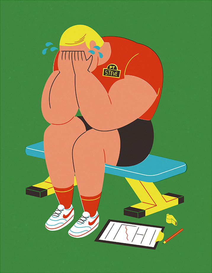 Toby Leigh, Big sporty man crying. Bold and bright colours, digital illustration. 