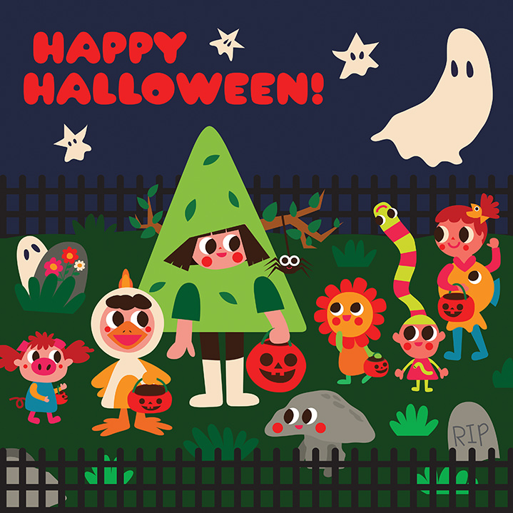 Uijung Kim, Uijung Kim, garden with Halloween characters in a digital vector style