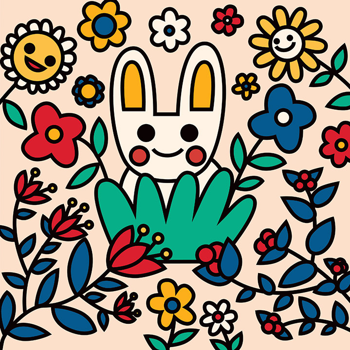 Uijung Kim, Uijung Kim, digital illustration, bold, bright bunny rabbit with flowers. Black key line