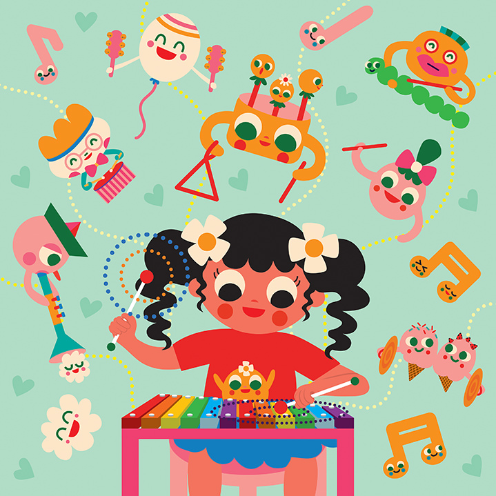Uijung Kim, Uijung Kim, a child playing the xylophone with musical characters. Pastel colours and vector style