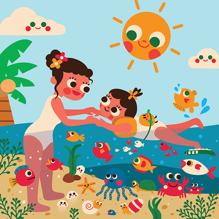 Uijung Kim, Uijung Kim. Happy characters in a beach scene with underwater animals
