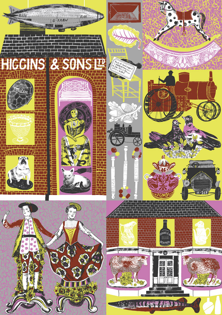 Alice Pattullo, Traditional screen print illustration of Higgins and Sons.	
