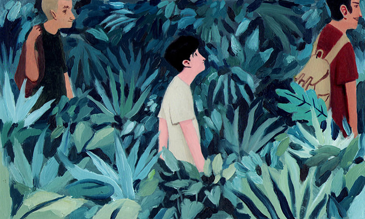 David De Las Heras, Detailed hand painted image of characters in the wild, surrounding by foliage. 