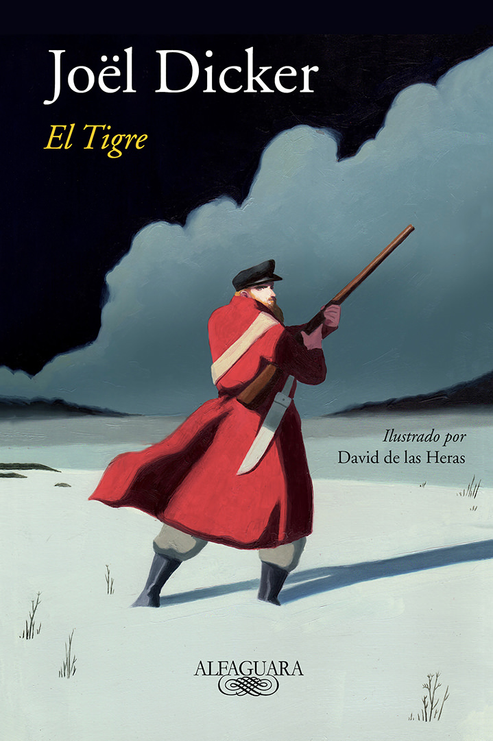 David De Las Heras, Handpainted book cover. Man wearing a red coat and a gun in a snowy landscape 