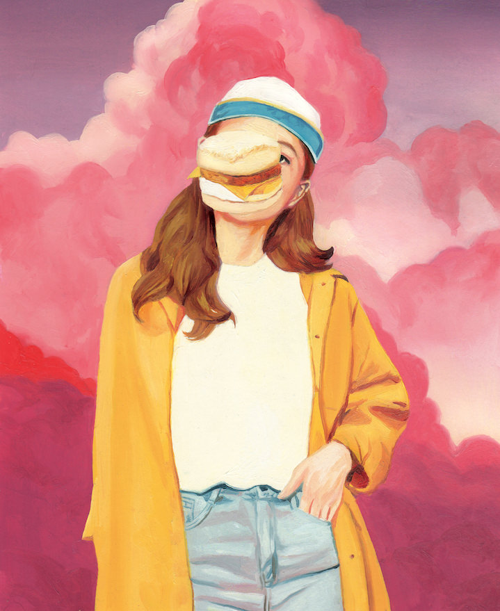 David De Las Heras, Pastiche of Magritte portrait, young girl with a hamburger covering her face on a pink background 