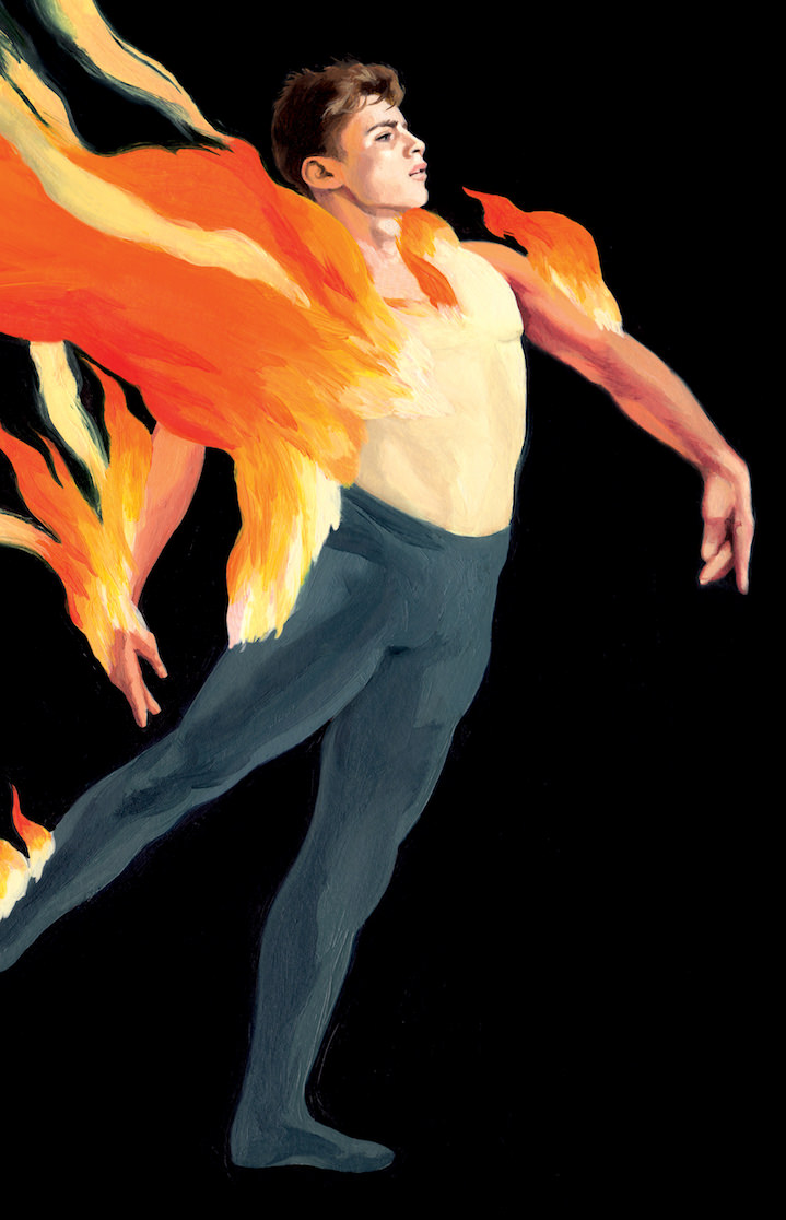 David De Las Heras, Painterly portrait of a young dancer in a black background with his back on fire 