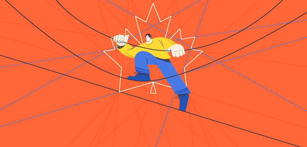 Edward McGowan, Playful character, conceptual digital illustration on an orange background. Man untangling himself from string representing Canadian symbol 