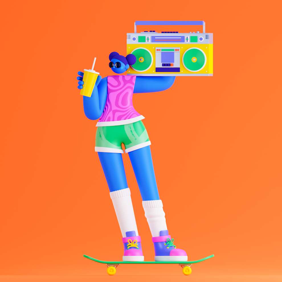 Edward McGowan, CGI character rendering of a cool woman skateboarding and holding a stereo 