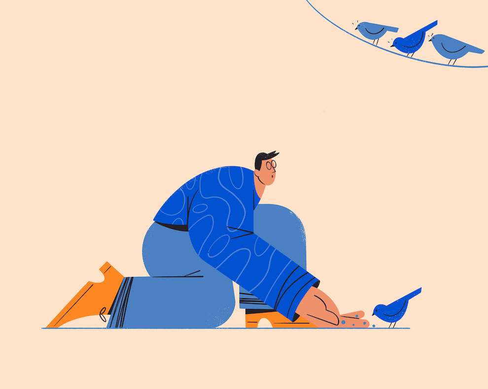 Edward McGowan, Playful character, conceptual digital illustration of a man feeding the Twitter bird 