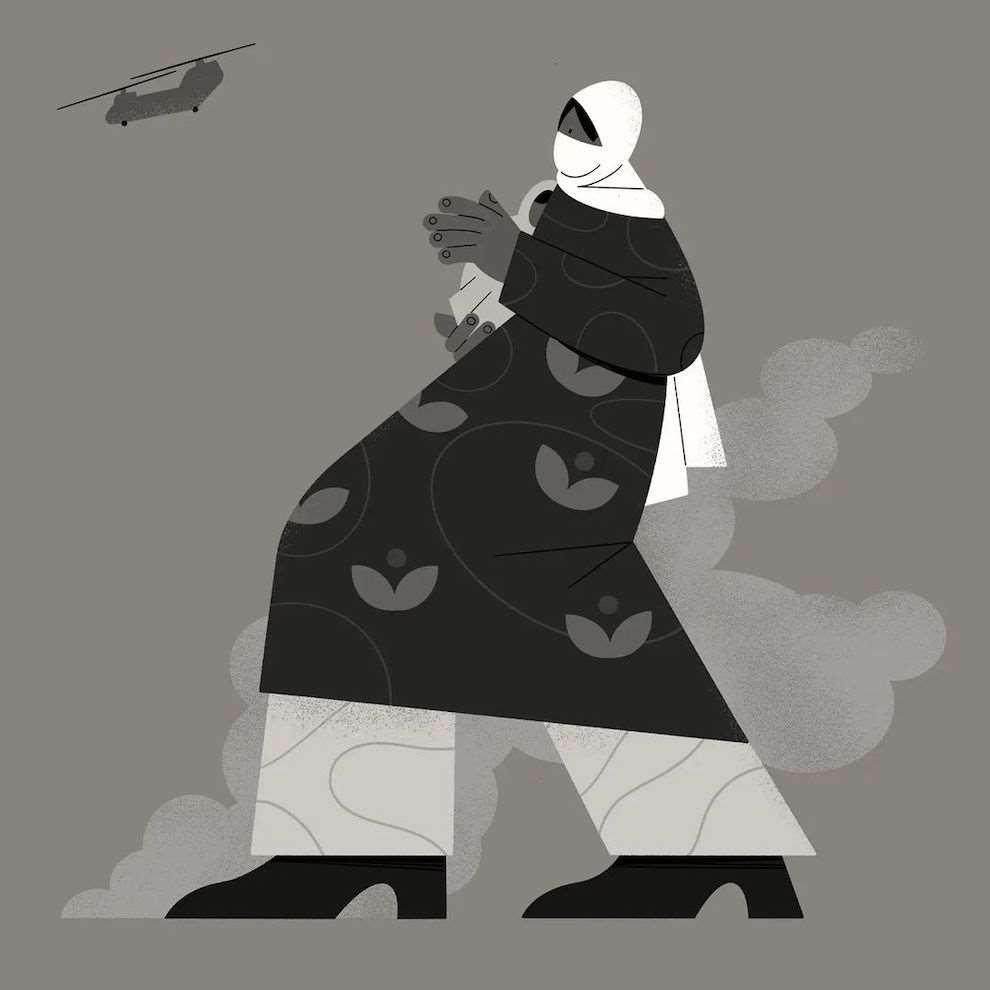 Edward McGowan, Grey scale digital illustration of a woman holding her baby in Afghanistan. US helicopter in the background 