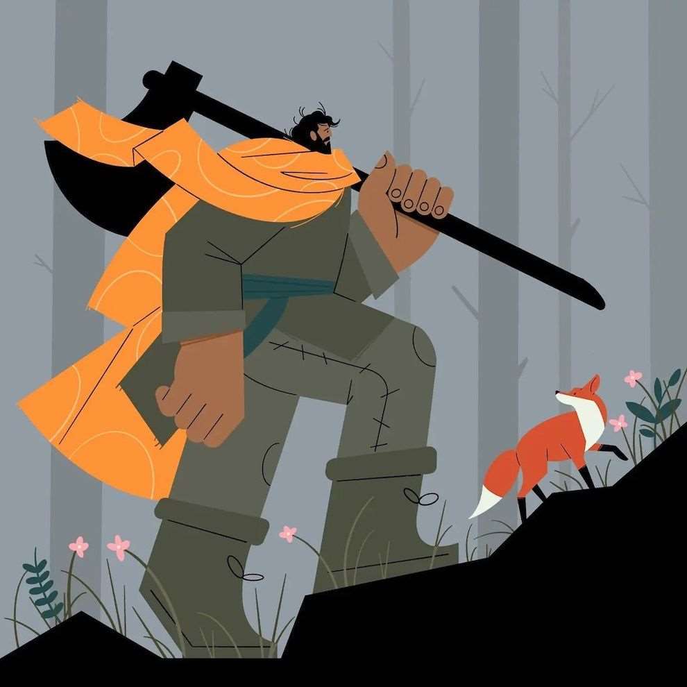 Edward McGowan, Playful character with an axe walking in the forest followed by a fox. Conceptual digital illustration on grey scale background.  	