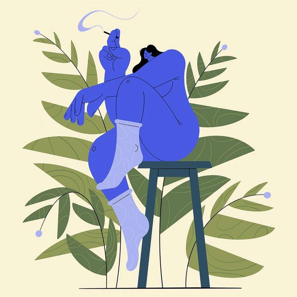 Edward McGowan, Vector Style illustration of a woman sat on a chair smoking a cigarette surrounding by plants and botanicals. 
