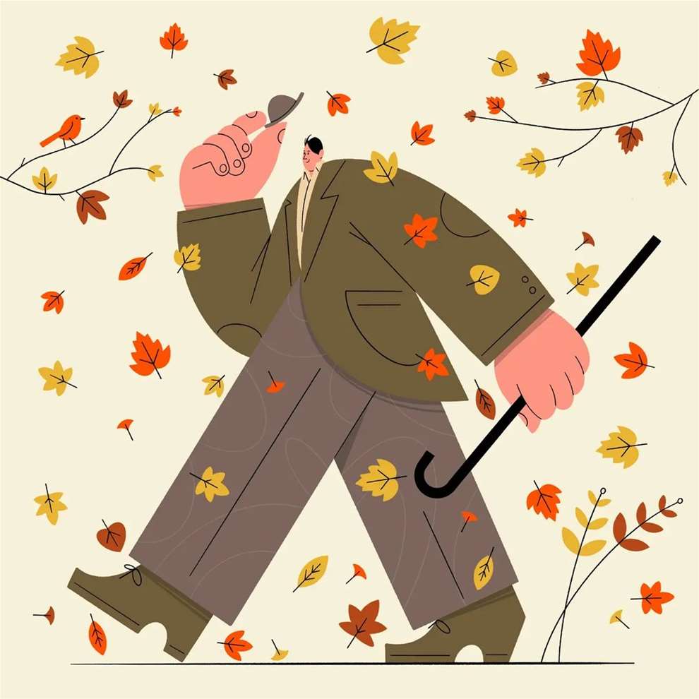 Edward McGowan, Playful character walking through Autumn leaves. Vector style digital art.	