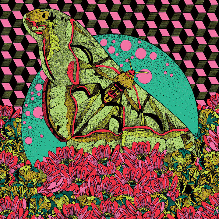 Elzo Durt, Elzo Durt Psychedelic, Bright and graphic illustration of a butterfly surrounded by flowers 