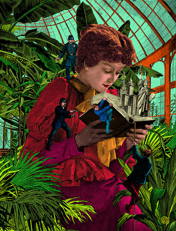 Elzo Durt, Surreal and psychedelic collage illustration of a women reading a book in a botanical garden.