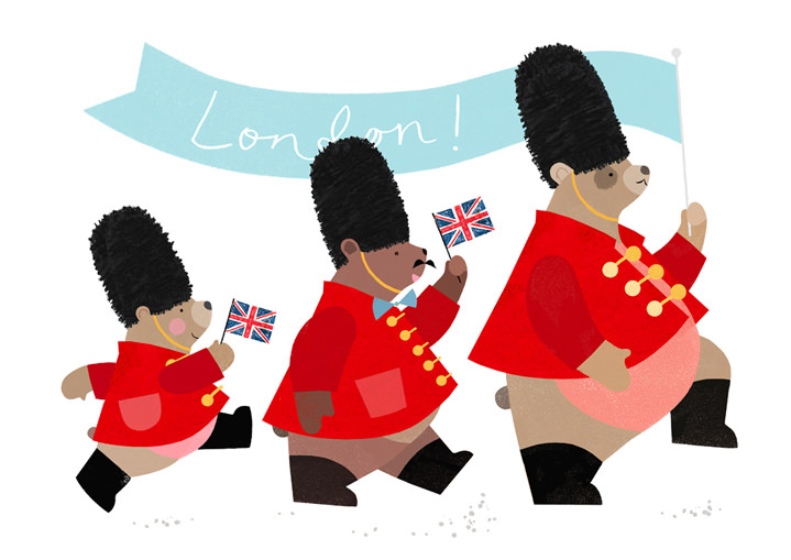 Sugar Snap Studio, Sugar Snap Studio. Spot illustration of three bear characters in London military clothing with union jack flag with printmaking textures