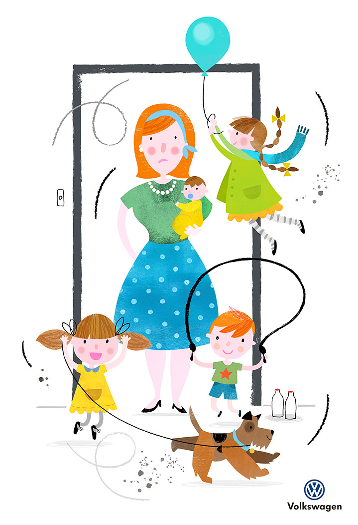 Sugar Snap Studio, Sugar Snap Studio, illustration for Volkwagen advert with a mother and 4 children playing and a dog. Textural hand drawn elements