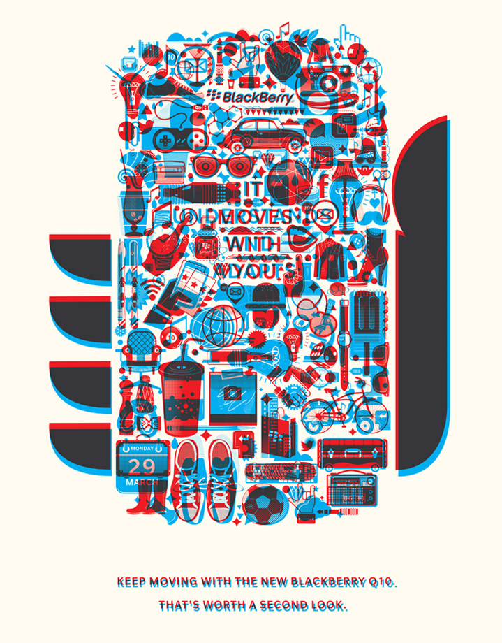 Ahoy There, Illustration with 2D - 3D red and blue effect of a hand holding a phone made of spot illustration about technology. Advertising for blackberry telephone 