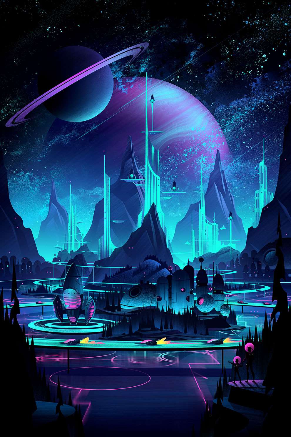 Brian Edward Miller, Digital textural illustration of space shuttle, purple galaxy theme.