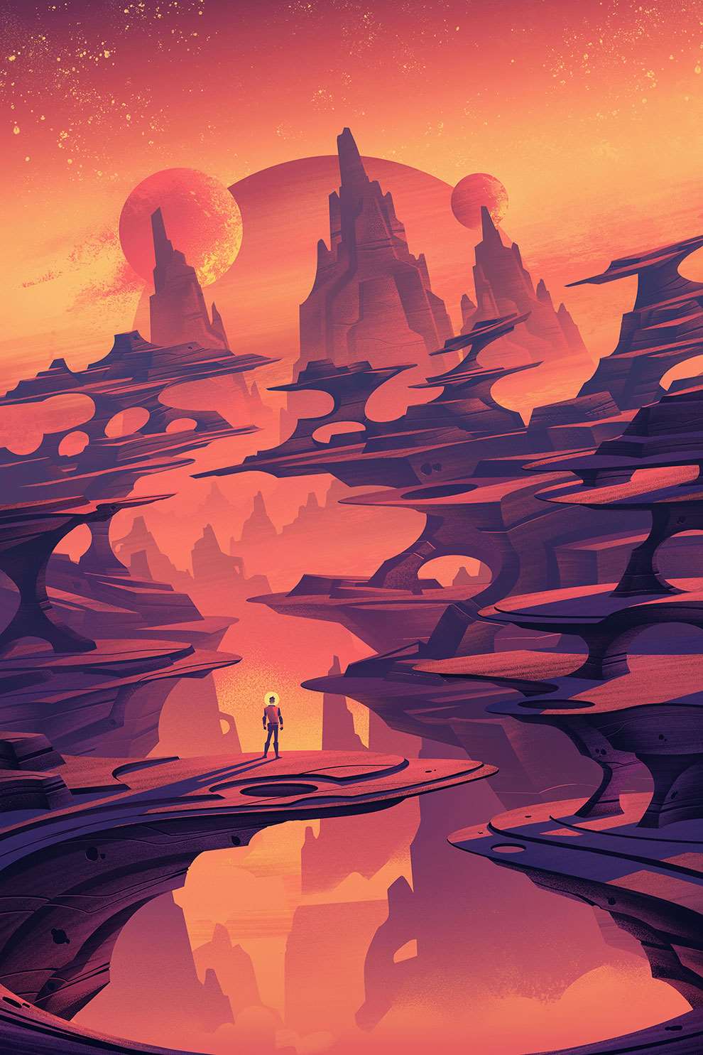 Brian Edward Miller, Digital detailed textural illustration of an alien red planet, with a main character standing on a rock. Sunset, bright rich red colour palette. Narrative.