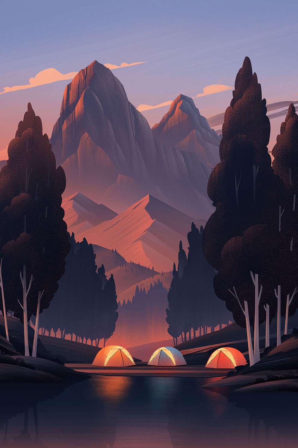 Brian Edward Miller, Nostalgic warm digital illustration of 3 camping tents lit up near the mountains, landscape background.
