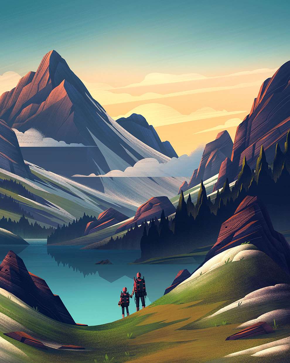 Brian Edward Miller, Beautiful digital detailed illustration of 2 hikers looking at a mountain scape.