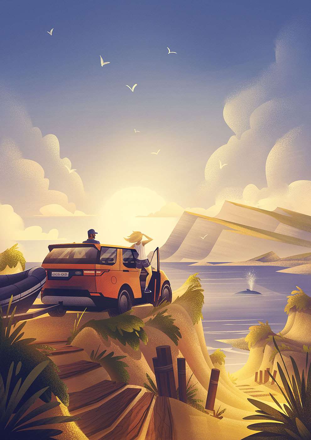Brian Edward Miller, Family adventure illustration for automotive company Land Rover featuring a family arriving at location and spotting a whale in the sea.