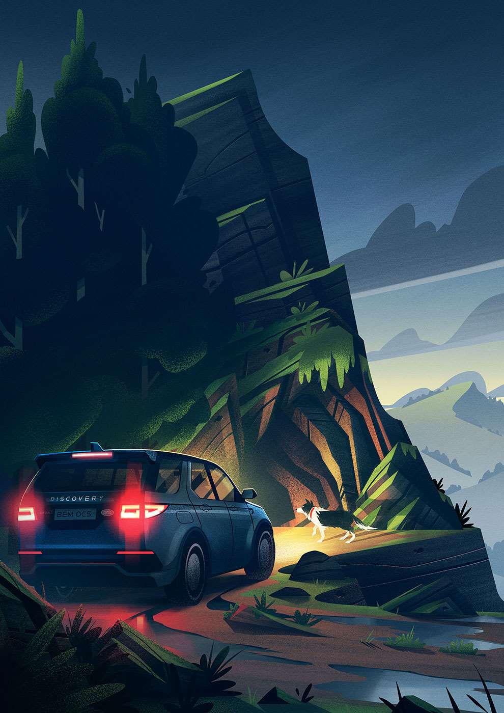 Brian Edward Miller, Family adventure digital illustration for Land Rover featuring a car in the dark in the mountains with headlights on.