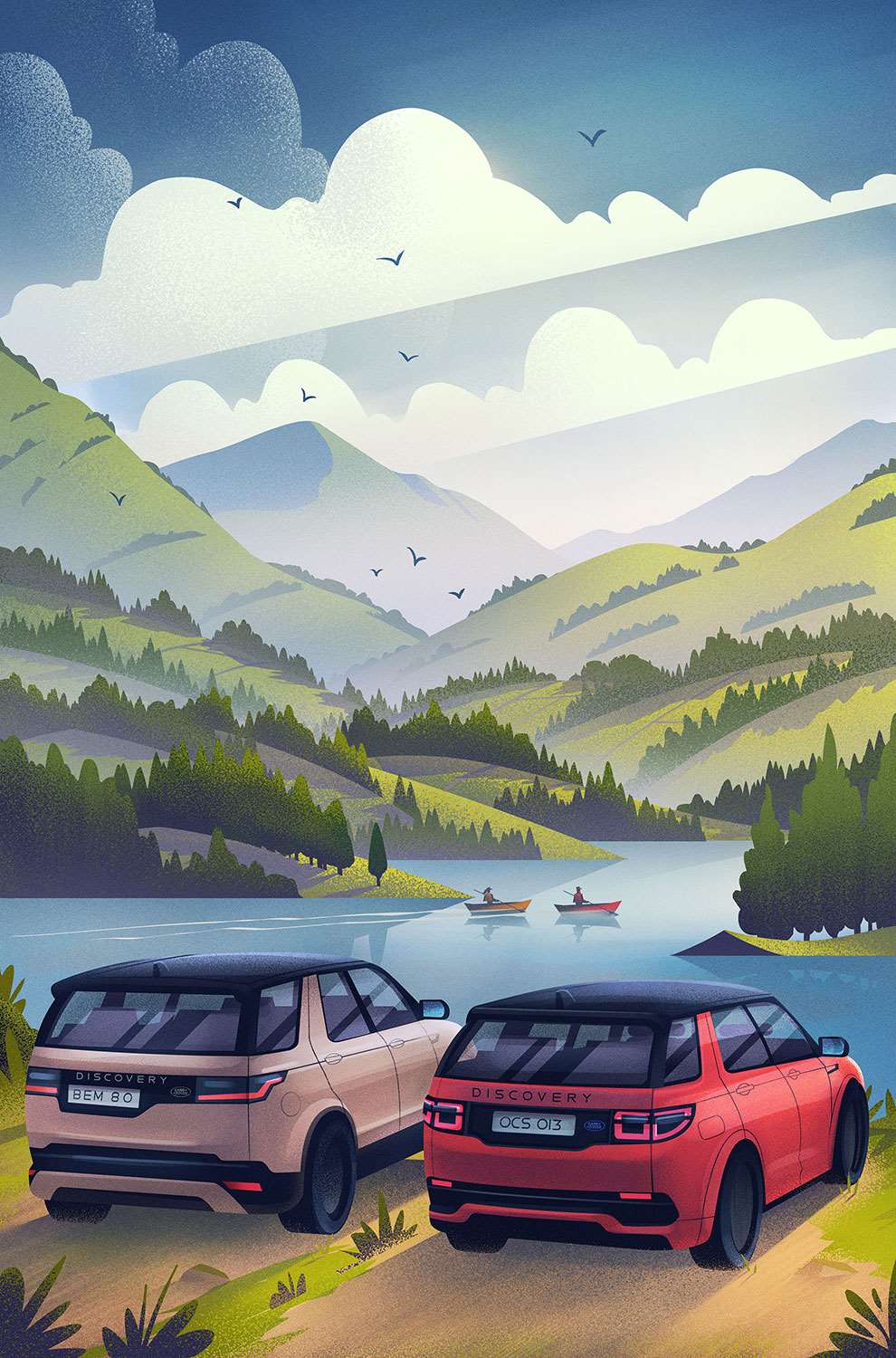 Brian Edward Miller, Family adventure illustration for automotive company Land Rover - digital countryside adventure illustration of 2 cars parked on a lakeside. 