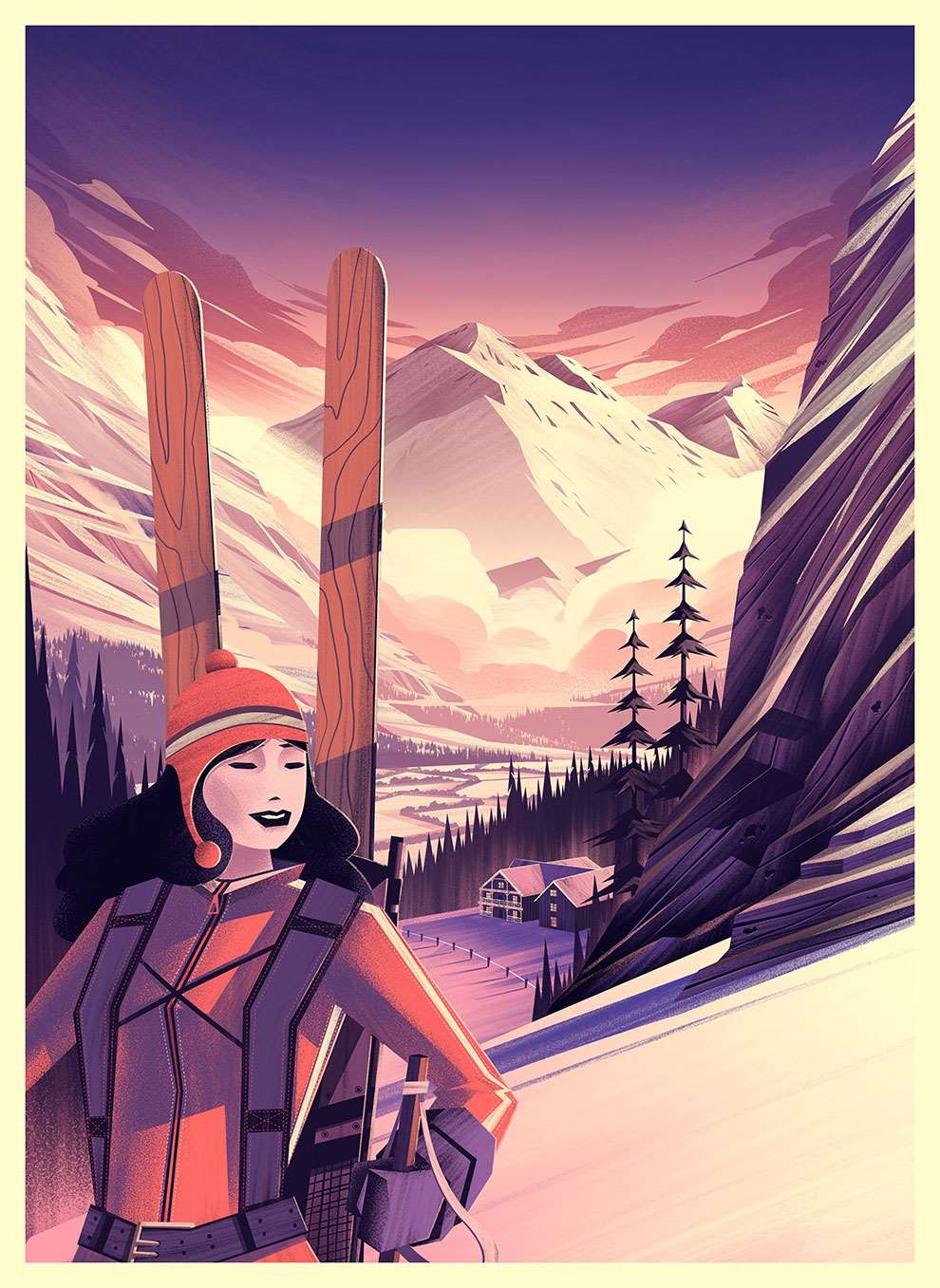 Brian Edward Miller, Custom poster skiing illustration for Øksendal's Phillipshaugen Lodge of a lady in pink skiwear, holding skies with snowy mountains in the background. 