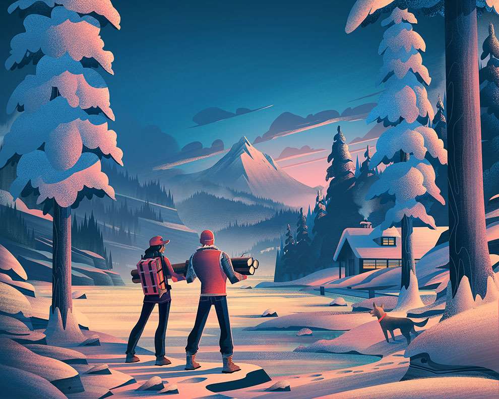 Brian Edward Miller, Digital illustration detailed of a winter skiing holiday in the forest.