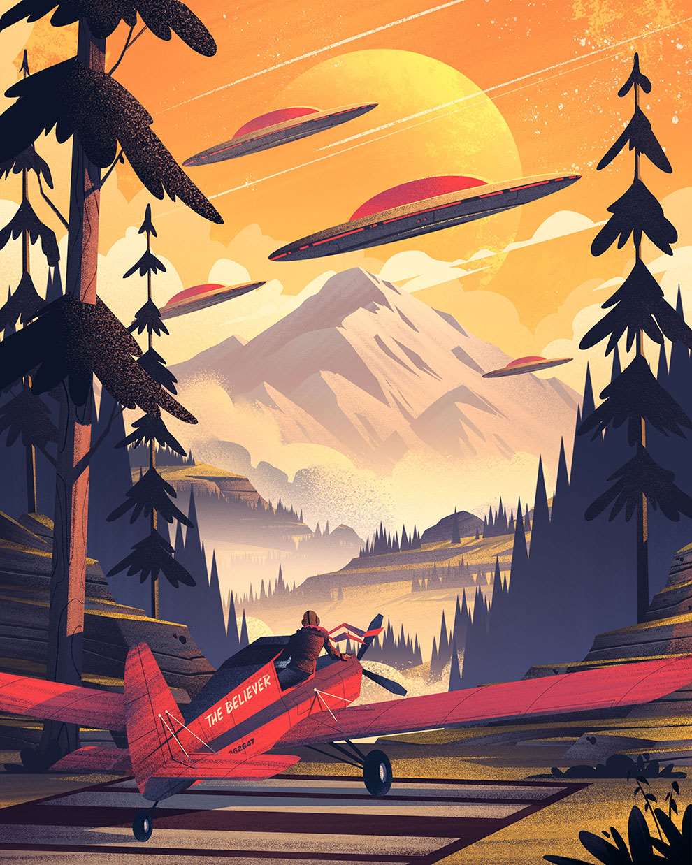 Brian Edward Miller, Adventure illustration of an explorer in a plane setting off for flight in the American forest.