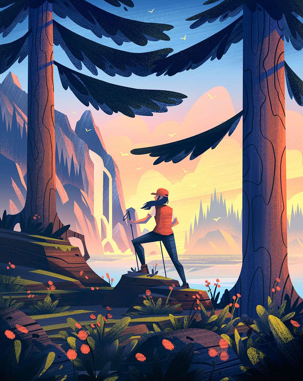 Brian Edward Miller, Explore illustration of a hiker standing in between two trees overlooking a beautiful lake and sunlit mountains.