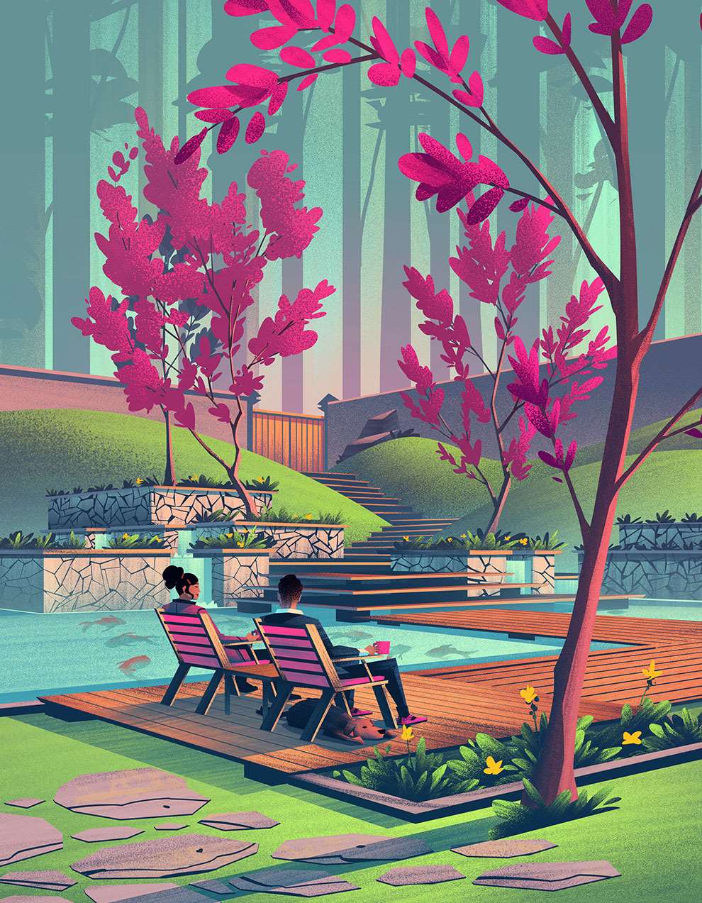 Brian Edward Miller, Digital textural illustration of a couple sat in a botanical, Japanese inspired modern garden.