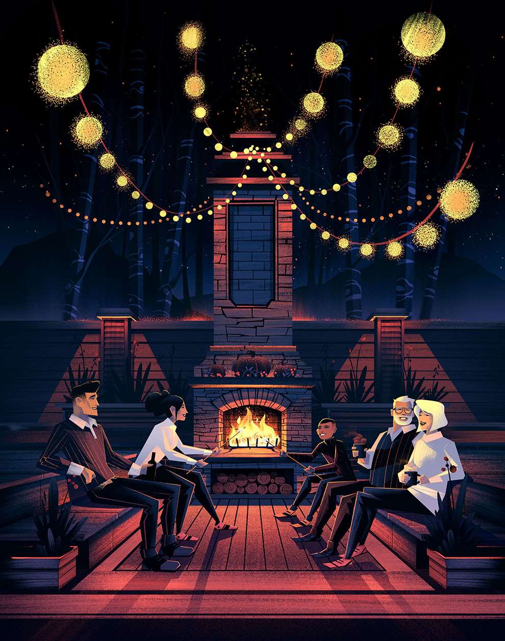 Brian Edward Miller, Detailed digital illustration of a family sat round a campfire toasting marshmallows.