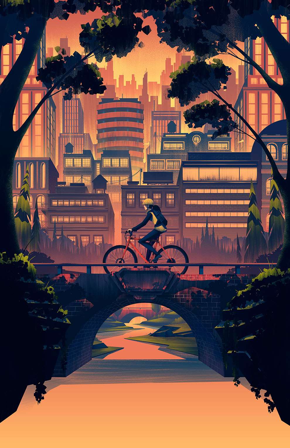 Brian Edward Miller, Strong compositional illustration of man cycling over a city bridge with buildings surrounding him and trees throughout. 