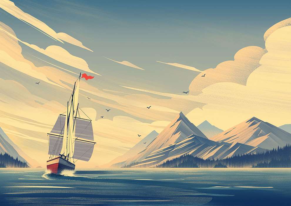 Brian Edward Miller, Digital textural detailed painterly illustration of a ship sailing between mountains.