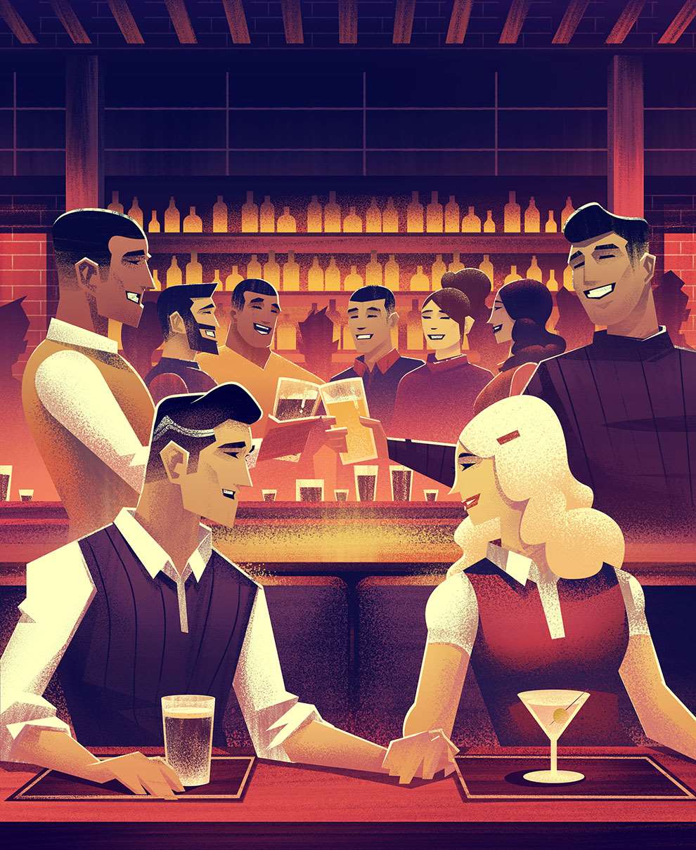 Brian Edward Miller, Digital textural illustration of people at a bar drinking cocktails and beer, with couple holding hands.