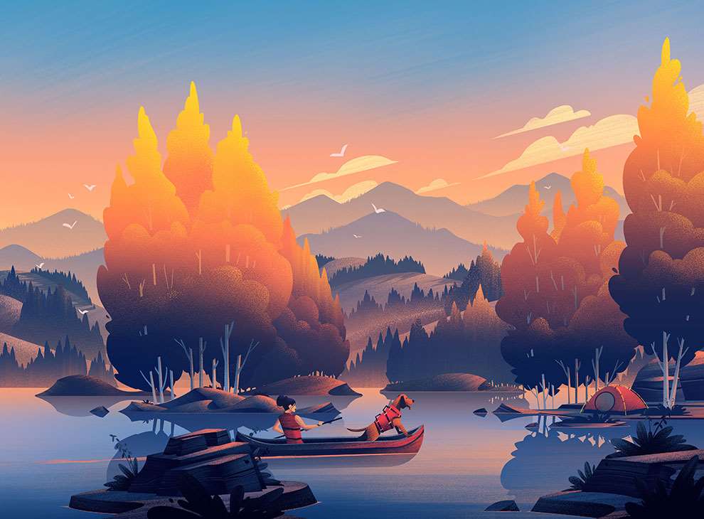 Brian Edward Miller, Detailed packaging landscape illustration of a lady in a kayak on a river for Devils Backbone Brewing Company .