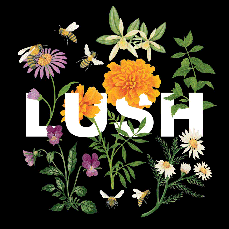 Charlotte Day, Packaging job for Lush - Handpainted flowers and leaves decorating the Lush typography
